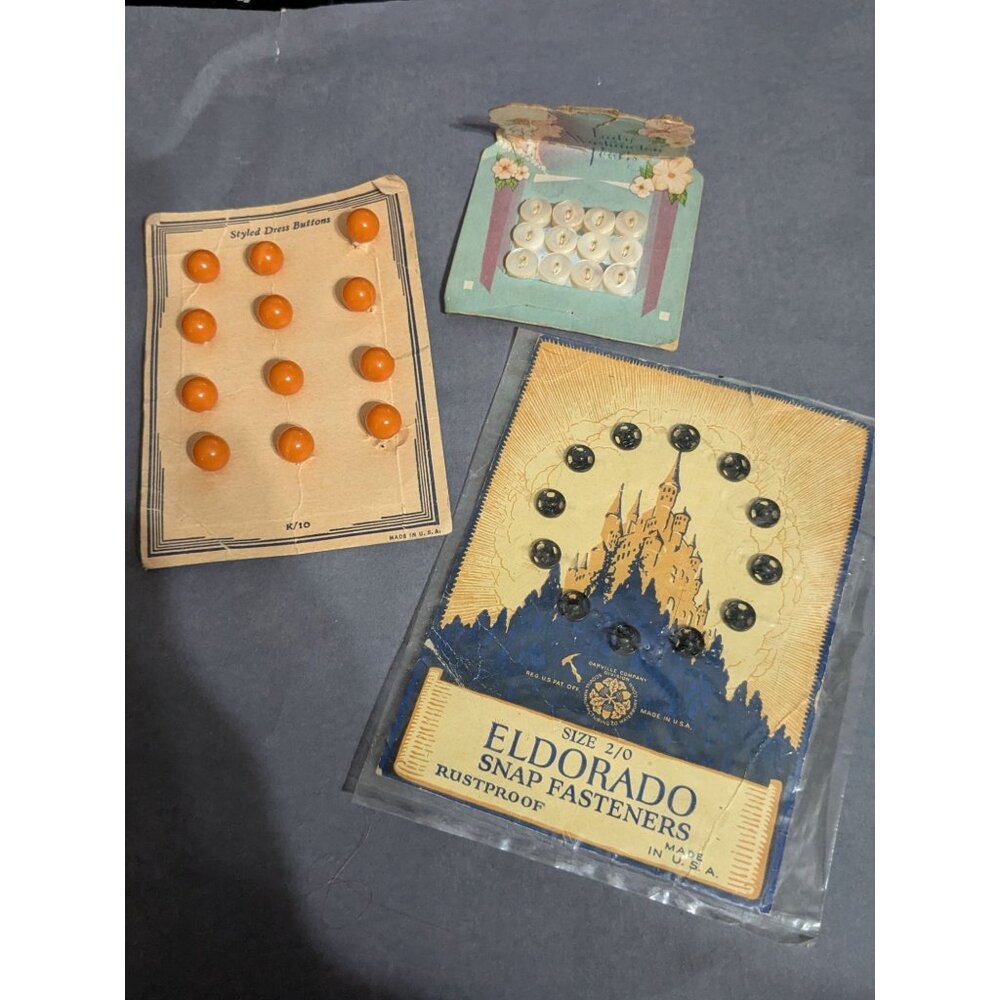Vintage Sewing Notions Lot Fasteners Buttons Orange Plastic and Mother of Pearl